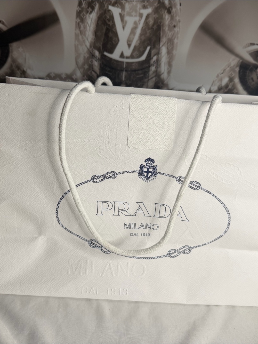 Prada White Shopping Bag with Navy Logo